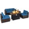Costway 6PCS Patio Rattan Furniture Set 42'' Fire Pit Table Cover Sofa Cushion Off White/Black/Navy/Red/Turquoise